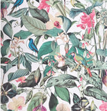 81686 Botanic tropical flower blossom bird white green faux fabric textured wallpaper