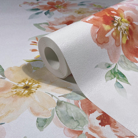 89011 Oriana Floral Orange White Wallpaper 