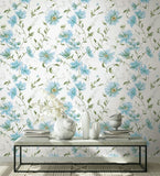 89022 Oriana Floral Blue Green White Wallpaper