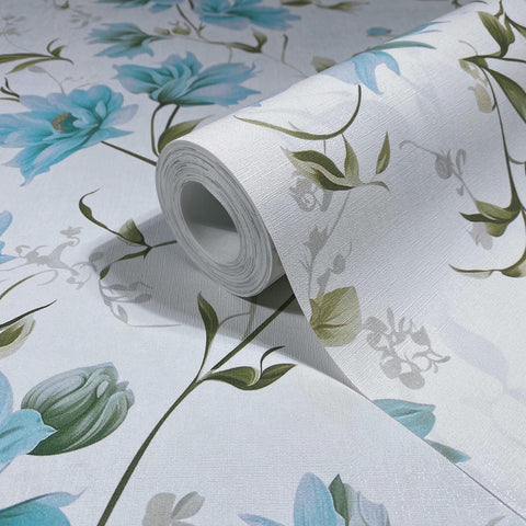 89022 Oriana Floral Blue Green White Wallpaper