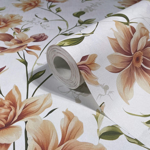 89023 Oriana Floral Orange White Wallpaper
