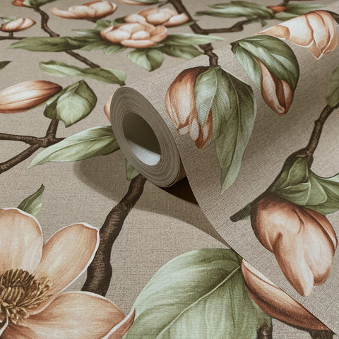 89033 Oriana Floral Brown Green Grey Wallpaper