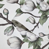89038 Botanic magnolia blossoms flower buds white green faux fabric textured wallpaper