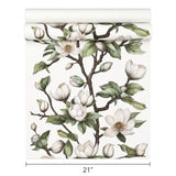 89038 Botanic magnolia blossoms flower buds white green faux fabric textured wallpaper