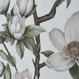 89038 Botanic magnolia blossoms flower buds white green faux fabric textured wallpaper