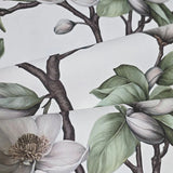 89038 Botanic magnolia blossoms flower buds white green faux fabric textured wallpaper