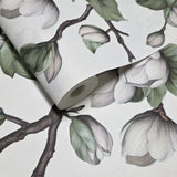 89038 Botanic magnolia blossoms flower buds white green faux fabric textured wallpaper