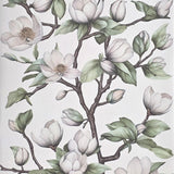 89038 Botanic magnolia blossoms flower buds white green faux fabric textured wallpaper