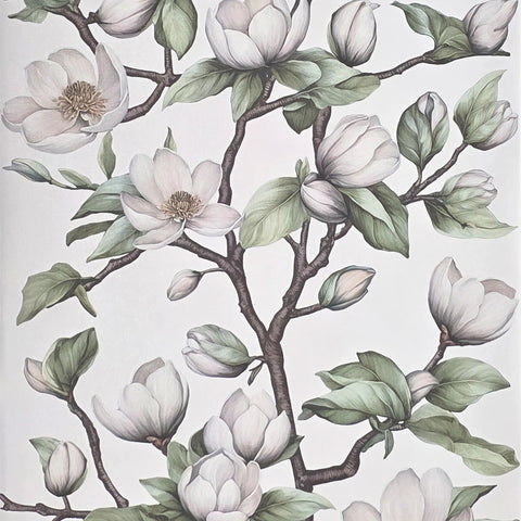 89038 Botanic magnolia blossoms flower buds white green faux fabric textured wallpaper