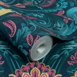 A67801 Grandeco Opulent Damask Navy Pink Wallpaper