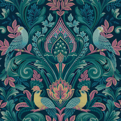 A67801 Grandeco Opulent Damask Navy Pink Wallpaper