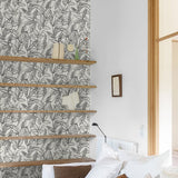 A71802 Branched Leaves All-over Black Wallpaper