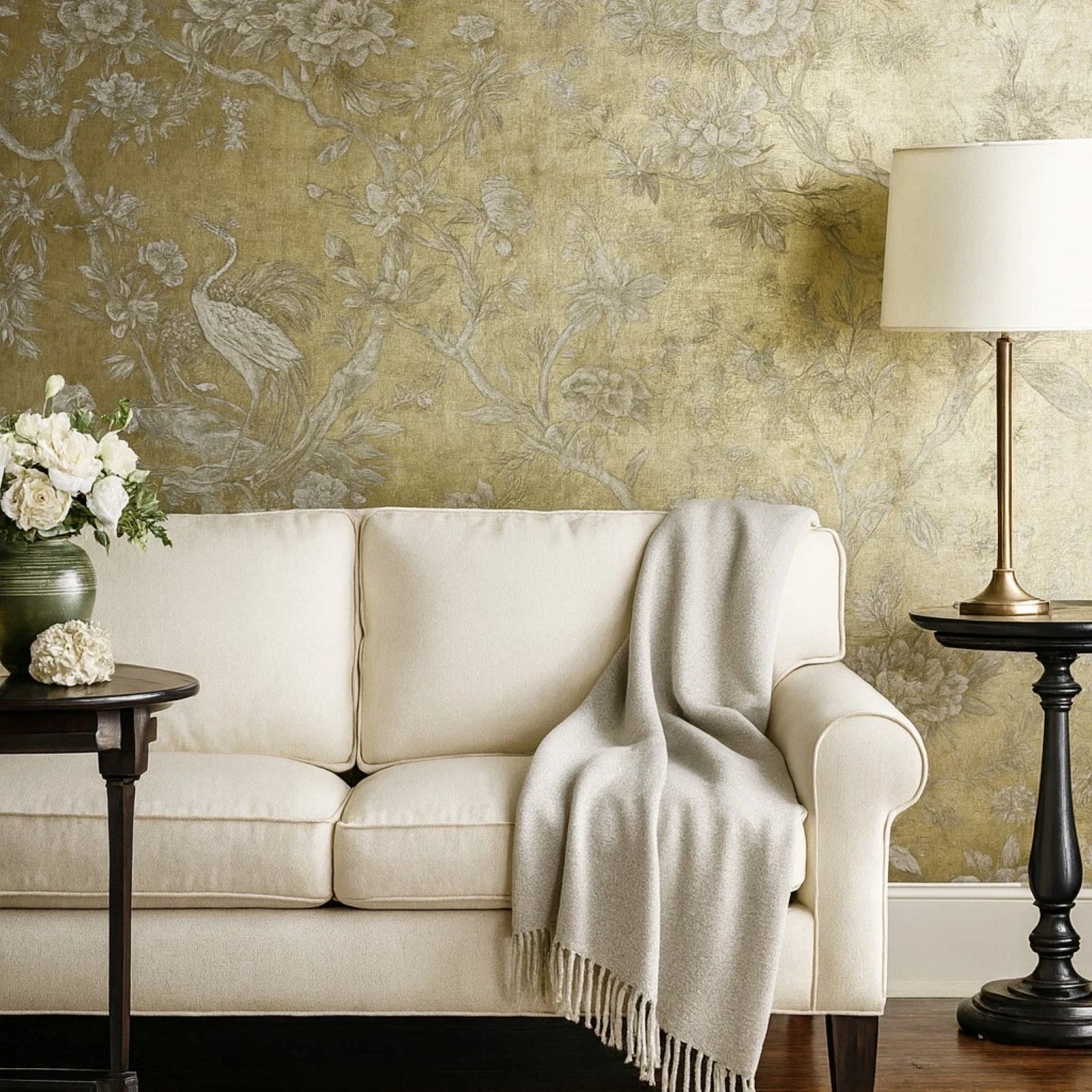 AF41305 Gold foil metallic gray Chinoiserie blooming peonies