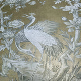 AF41305 Gold foil metallic gray Chinoiserie blooming peonies branches cranes wallpaper

