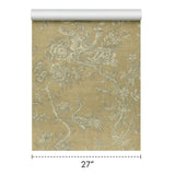 AF41305 Gold foil metallic gray Chinoiserie blooming peonies branches cranes wallpaper
