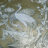 AF41305 Gold foil metallic gray Chinoiserie blooming peonies branches cranes wallpaper
