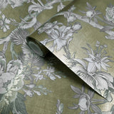 AF41305 Gold foil metallic gray Chinoiserie blooming peonies branches cranes wallpaper
