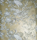 AF41305 Gold foil metallic gray Chinoiserie blooming peonies branches cranes wallpaper
