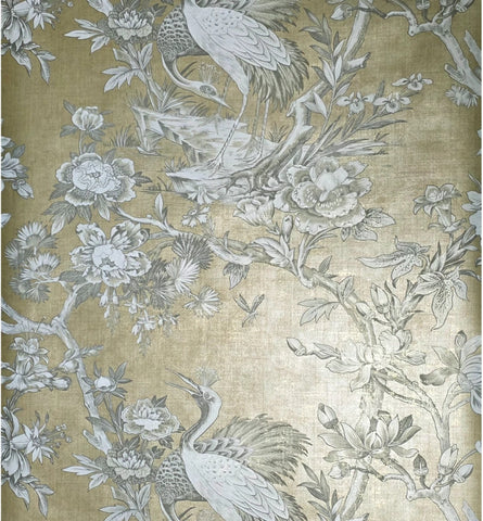 AF41305 Gold foil metallic gray Chinoiserie blooming peonies branches cranes wallpaper
