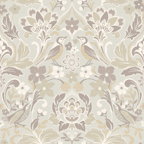 AH100196AH Birdy Neutral Nuthatch Floral Wallpaper
