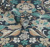 AH100197AH Birdy Navy Nuthatch Floral Wallpaper