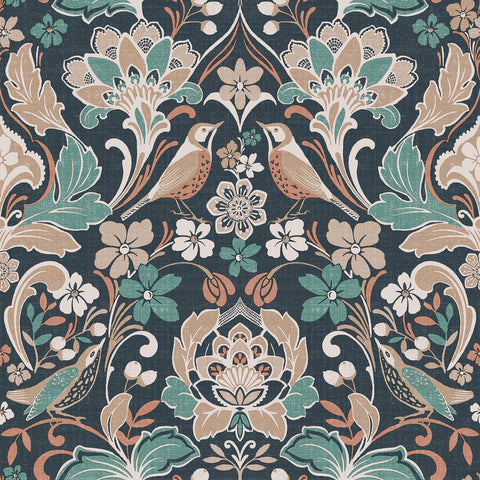 AH100197AH Birdy Navy Nuthatch Floral Wallpaper