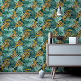 AH296005 Esau Teal Jungle Palms Wallpaper