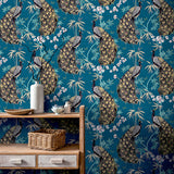 AH692505 Takara Teal Opulent Peacock Wallpaper