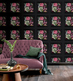 AH922804 Lucinda Black Floral Panel Wallpaper