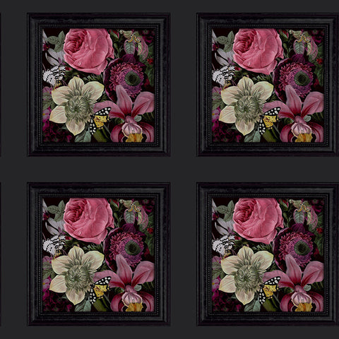 AH922804 Lucinda Black Floral Panel Wallpaper