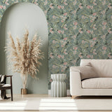AH924905 Harrietta Sea Green Tropical Floral Wallpaper