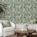 AH924905 Harrietta Sea Green Tropical Floral Wallpaper