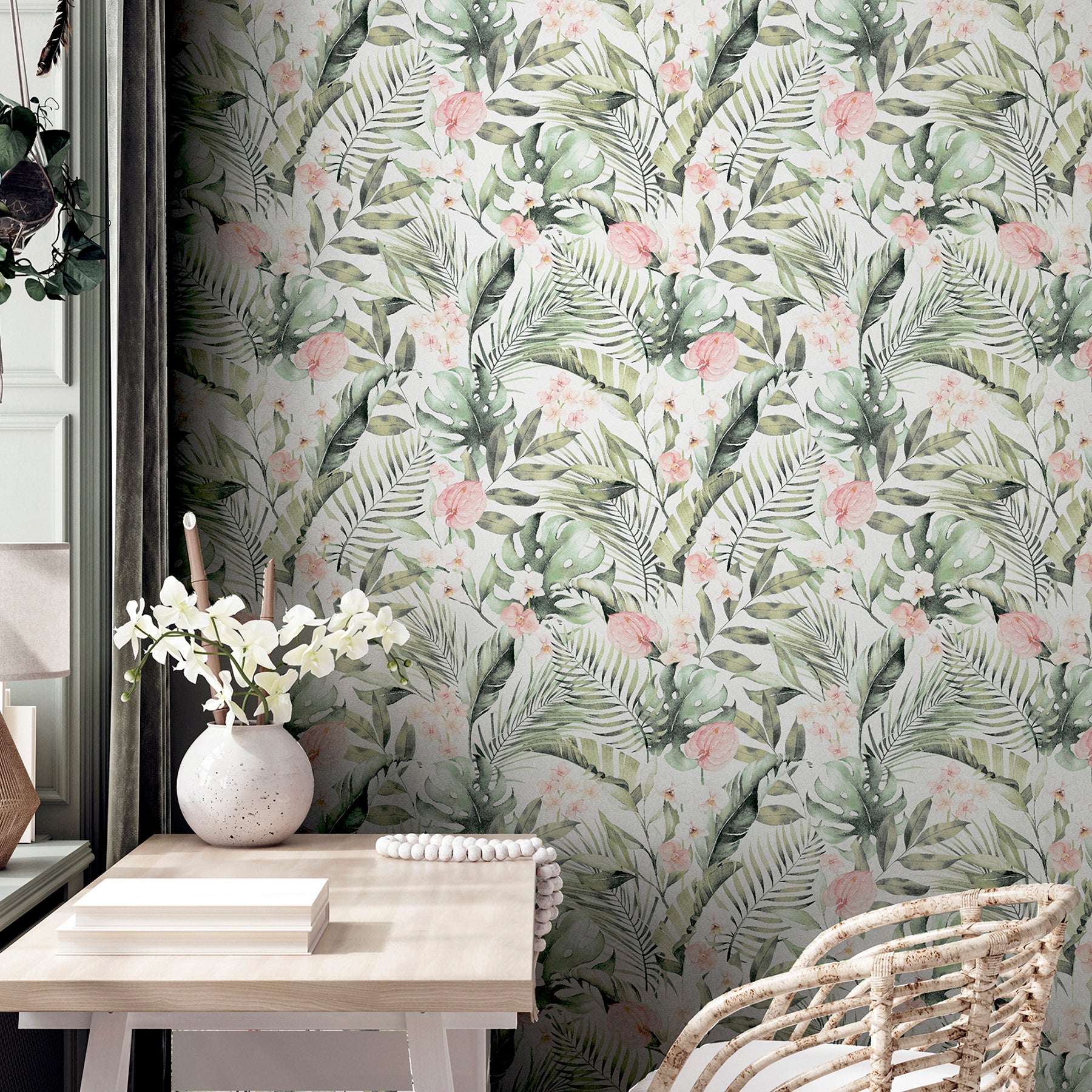 AH924906 Harrietta Green Tropical Floral Wallpaper – wallcoveringsmart