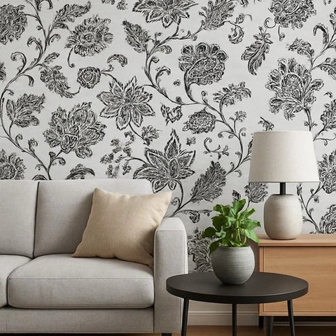 AR31700 Ornate floral paisley botanical Black off White Leaf Outline plants Wallpaper 3D
