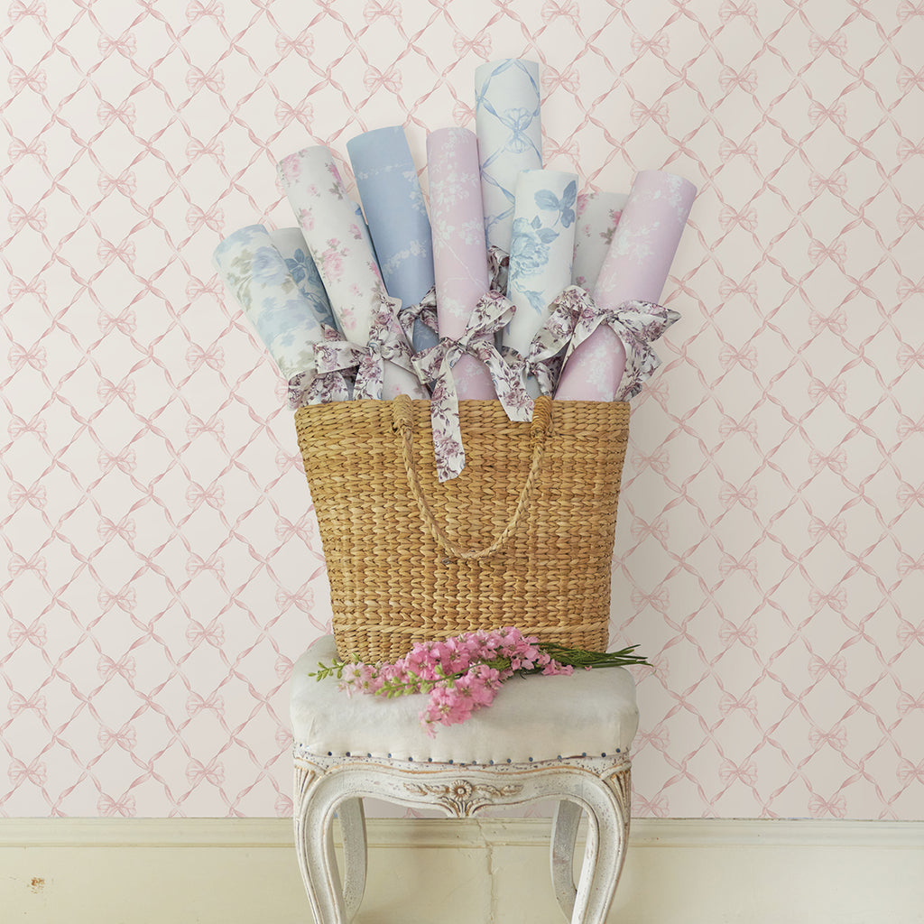 AST4114 Baby Bow Light Pink Ribbon Trellis Wallpaper – wallcoveringsmart