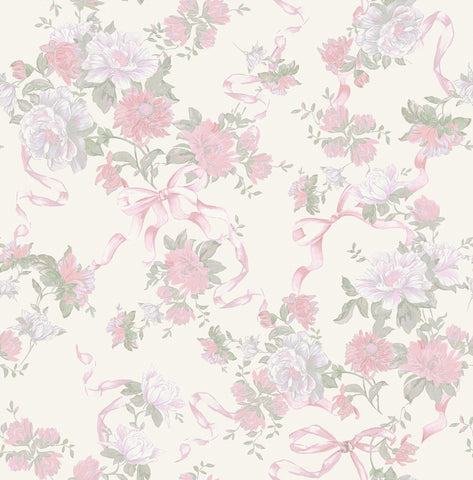 AST4653 Cabbage Rose Bow Pretty in Pink Ribbons & Roses Wallpaper