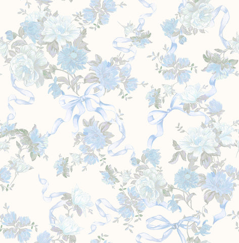 AST4654 Cabbage Rose Bow Dusty River Blue Ribbons & Roses Wallpaper