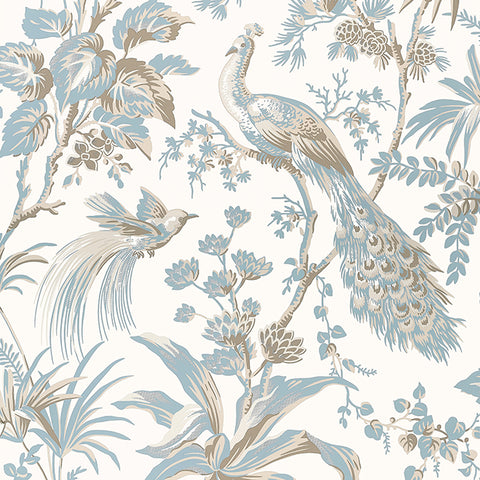 AT57828 Peacock Toile Soft Blue Beige Wallpaper