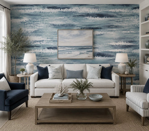AV51702 Watercolor brushstrokes Moseley Waves blue aqua navy white coastal wallpaper 3D
