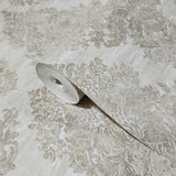Z78041 Brass beige tan cream off white textured Victorian damask faux fabric Wallpaper