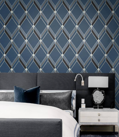 DC60512 Brooklyn Diamond Navy blue black silver Metallic trellis modern geo Wallpaper 3D