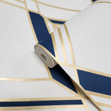 DC60502 Brooklyn Diamond Navy blue white Gold Metallic trellis modern geo Wallpaper roll