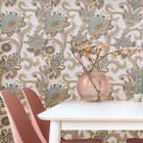 CB10804 Taupe brown teal Giacomo Bohemian flowers Monarchos Paisley floral wallpaper 3D