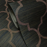 CB12507 Black olive brown gold copper trellis natural Grasscloth textured geo Wallpaper