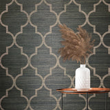CB12507 Black olive brown gold copper trellis natural Grasscloth textured geo Wallpaper