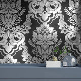 CB22200 Victorian Silver foil metallic deep black traditional damask modern wallpaper 3D
