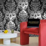 CB22200 Victorian Silver foil metallic deep black traditional damask modern wallpaper 3D
