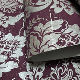 CB22209 Burgundy red silver metallic natural cork textured Victorian damask Wallpaper 3D
