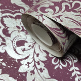 CB22209 Burgundy red silver metallic natural cork textured Victorian damask Wallpaper 3D
