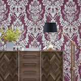 CB22209 Burgundy red silver metallic natural cork textured Victorian damask Wallpaper 3D
